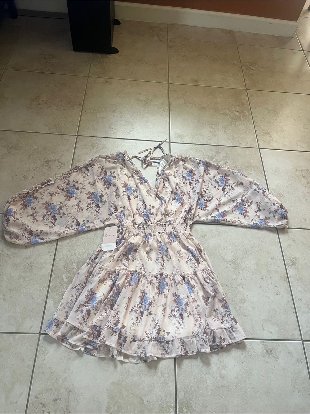 Floral Ruffle Tie-Back Mini Dress - Blue & Blush
